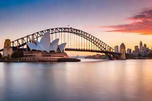 de sydney opera hus och sydney bro på solnedgång. ai-genererad foto