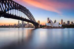 sydney horisont på solnedgång med de opera hus i de förgrund. ai-genererad foto