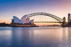 de sydney opera hus och bro på solnedgång. ai-genererad foto