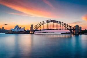 de sydney opera hus och de sydney hamn bro på solnedgång. ai-genererad foto