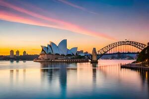 de sydney opera hus och bro på solnedgång. ai-genererad foto