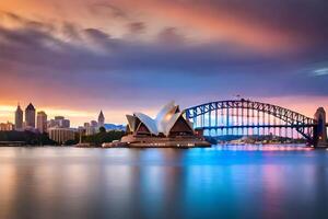 de sydney opera hus och bro på solnedgång. ai-genererad foto