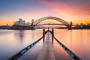 de sydney hamn bro på solnedgång. ai-genererad foto