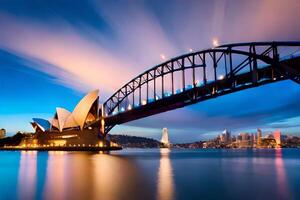 de sydney opera hus och bro på skymning. ai-genererad foto