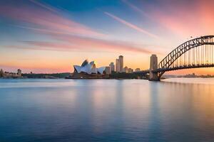 sydney horisont på solnedgång med de opera hus och bro. ai-genererad foto