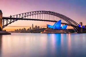 de sydney opera hus och bro på solnedgång. ai-genererad foto