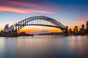 de sydney hamn bro på solnedgång. ai-genererad foto