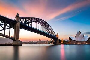 de sydney opera hus och bro på solnedgång. ai-genererad foto