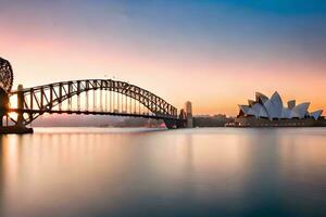 de sydney opera hus och bro på solnedgång. ai-genererad foto