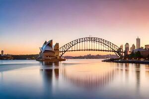 de sydney opera hus och de sydney hamn bro på solnedgång. ai-genererad foto