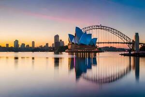 de sydney opera hus och de bro på solnedgång. ai-genererad foto