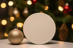 vit keramisk attrapp på mysigt jul bakgrund, kaffe råna och flaska . generativ ai foto