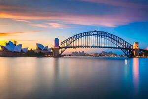 de sydney hamn bro och opera hus på solnedgång. ai-genererad foto