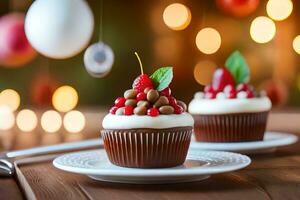 två muffins med choklad glasyr och bär på en trä- tabell. ai-genererad foto