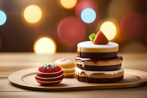 en kaka med en jordgubb på topp och en choklad kaka på en trä- bricka. ai-genererad foto