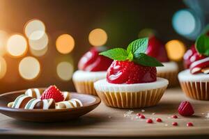 muffins med jordgubbar och mynta på en trä- tabell. ai-genererad foto