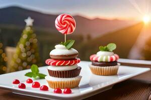 jul muffins på en tallrik med en klubba på topp. ai-genererad foto