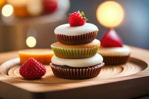 en tallrik med muffins och jordgubbar på Det. ai-genererad foto