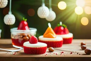 jul muffins med jordgubbar och nötter på en trä- tabell. ai-genererad foto