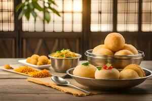 indisk mat i skålar på trä- tabell. ai-genererad foto