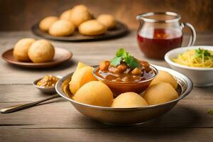 indisk mat med en skål av curry och en skål av dumplings. ai-genererad foto