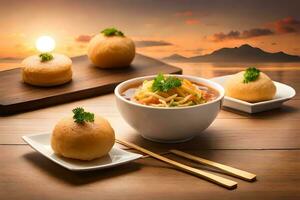 kinesisk mat med ätpinnar och skålar på en tabell. ai-genererad foto