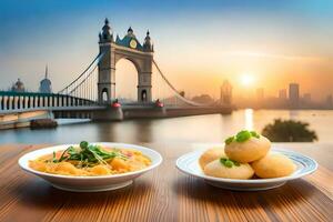 london, England, Storbritannien, stad se, solnedgång, torn bro, mat,. ai-genererad foto