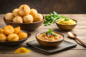 indisk mat med skålar av mat och skålar av kryddor. ai-genererad foto