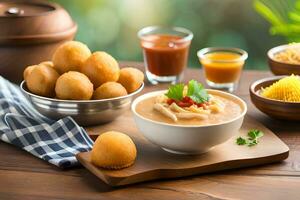 indisk mat med skålar av soppa, bröd och Övrig maträtter. ai-genererad foto
