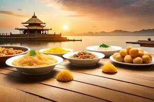 en tabell med skålar av mat och en solnedgång. ai-genererad foto
