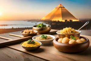 egyptisk mat på solnedgång i främre av de pyramider. ai-genererad foto