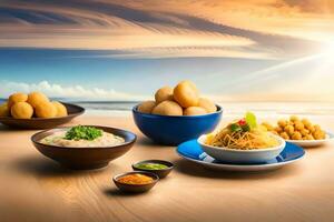 en tabell med skålar av mat och en skål av ris. ai-genererad foto