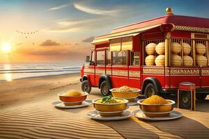 indisk mat lastbil på de strand på solnedgång. ai-genererad foto