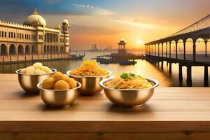 indisk mat i skålar på trä- tabell med bro i bakgrund. ai-genererad foto
