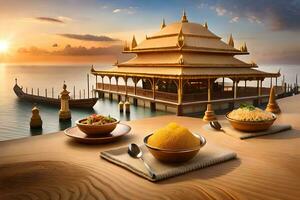 thai mat på trä- tabell med solnedgång i bakgrund. ai-genererad foto