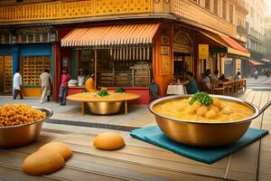 en gata scen med skålar av mat på en tabell. ai-genererad foto