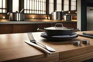 en kök med en spis, kastruller och kokkärl. ai-genererad foto