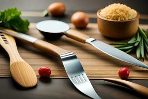 en kniv, gaffel och sked Sammanträde på en tabell. ai-genererad foto