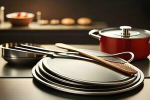 en kök tabell med kastruller och kokkärl på Det. ai-genererad foto