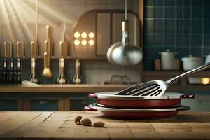 en kök med en spatel och en panorera på en tabell. ai-genererad foto