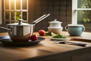 en kök med kastruller och kokkärl på en tabell. ai-genererad foto