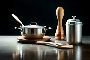en kök redskap och en pott på en tabell. ai-genererad foto