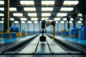 en robot är stående på en transportband bälte i en fabrik. ai-genererad foto