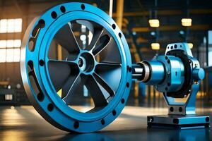 en blå industriell maskin med en stor hjul. ai-genererad foto