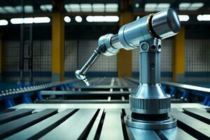en robot ärm på en tabell i en fabrik. ai-genererad foto