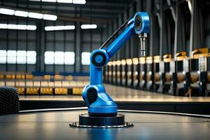 en robot ärm är Sammanträde på en tabell i en fabrik. ai-genererad foto