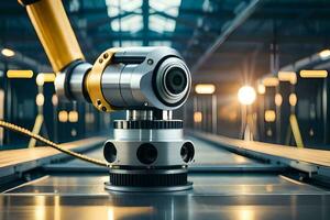 en robot ärm är innehav en kamera i en fabrik. ai-genererad foto