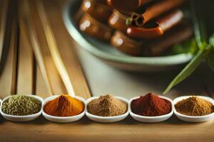 olika kryddor i skålar på en trä- tabell. ai-genererad foto
