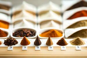 olika kryddor och kryddor i skålar på en tabell. ai-genererad foto