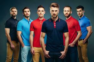 en grupp av män i annorlunda färger av polo skjortor. ai-genererad foto
